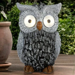 ETC-SHOP Sculpture De Jardin Hibou Solaire Pour Décoration De Jardin Extérieur Figurine Sculpture Batterie Grise, Plastique, 2x LED 3000K, LxlxH 13,5x11,5x19,5 Cm -Luminaire solaire Soldes 2022 13637400 3