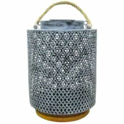 LUMISKY Lanterne Solaire Bohème En Bois Et Acier Galva Poignée Corde Corde LED Blanc Chaud BALI H50cm