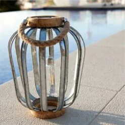 LUMISKY Lanterne Solaire Bohème En Bois Et Acier Galva Poignée Corde Ampoule Filament LED Blanc Chaud JAVA H45cm -Luminaire solaire Soldes 2022 18513327 2