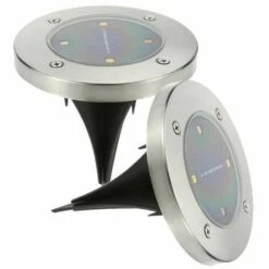 LUMI JARDIN Lot De 2 Spots Solaires Decky Ronds Inox - Encastrable Ou A Piquer - LED - H 12 Cm - Blanc