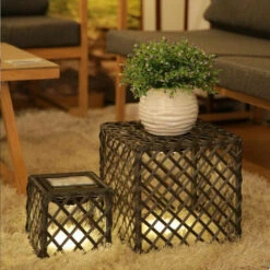 LUMISKY Lot De 2 Lanternes Cubes Solaires En Polyrotin Gris LED Blanc Chaud LOUY H26cm Et H16cm -Luminaire solaire Soldes 2022 26483860 5