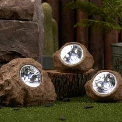 LUMI JARDIN Lot De 3 Rochers Solaires De Jardin à Poser Balisage LED Blanc ROCKY BROWN 14 Et 9cm -Luminaire solaire Soldes 2022 31496544 4