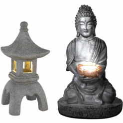 ETC-SHOP Bouddha Solaire Pour L'extérieur De La Décoration De Jardin De Pagode De Lanterne En Pierre Japonaise Lampe Solaire De Bouddha, Gris, 1x LED, Jardin