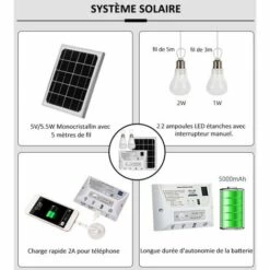 LRISHOM Systeme D'Eclairage Solaire Portable Etanche 5.5W Panneau Solaire 1W Et 2W Ampoules A Led 5000Mah Controleur Avec Chargeur De Telephone Port Compatible Avec Android / Ios / Type C -Luminaire solaire Soldes 2022 31982798 5
