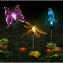 BARES Lot De 3 Lampes Solaires De Jardin En Forme De Papillon, Colibri, Libellule, LED à énergie Solaire, Multicolore