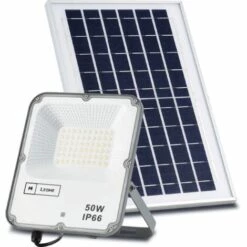 Projecteur LED Solaire ECO Professionnel 50W IP66 Avec Détecteur Crépusculaire Et De Mouvement Blanc Froid 6000K | IluminaShop
