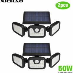 XICHAO Éclairage Solaire Extérieur Avec Détecteur De Mouvement, LED Étanche Lumières De Sécurité Avec 3 Têtes, Projecteur Solaire Pour Jardin(2pcs)