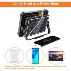 GRID COOL Projecteur LED Rechargeable 336 LEDs/ 100W/ Panneau Solaire/ 4 Modes D'éclairage/ Batterie Externe 12000mAh/ Absorption D'aimant, Idéal Pour Camping, Travail, Pêche, Couleur Noire [Classe énergétique A++] -Luminaire solaire Soldes 2022 58348481 4
