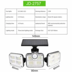 FR-LIFE Solaire Lumiere Exterieur Applique Murale Luminaire Led 3 Têtes 122 Leds Detecteur Mouvement IP65 Etanche Sécurité Lampe à Énergie Solaire, BR-Vie[Classe énergétique A+++] -Luminaire solaire Soldes 2022 58481409 3