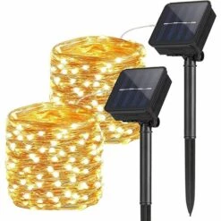 LYCXAMES 2 Pack Guirlande Lumineuse Exterieur Solaire, 10M 100 LED Étanche Guirlande Solaire Exterieur, Auto ON/OFF Décoration Lumière Pour Jardin Terrasse Clôture Cour Maison Noël Mariage Fête, Blanc Chaud