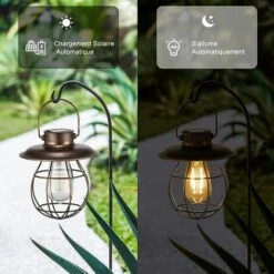 EINEMGELD Lanterne Solaire Extérieure Suspendre Avec Crochet, Vintage LED Lampe Solaire Jardin, Cage En Acier, Étanche IP65, Sans Fil Rechargeable Pour Garden Patio Courtyard Extérieur (Inclus Ampoule) -Luminaire solaire Soldes 2022 59659119 3