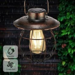 EINEMGELD Lanterne Solaire Extérieure Suspendre Avec Crochet, Vintage LED Lampe Solaire Jardin, Cage En Acier, Étanche IP65, Sans Fil Rechargeable Pour Garden Patio Courtyard Extérieur (Inclus Ampoule) -Luminaire solaire Soldes 2022 59659119 4