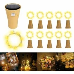 EINEMGELD Lot De 10 Guirlandes Lumineuses LED Solaire Bouchon De La Bouteille 1m 10 LEDs Fil De Cuivre Lumière Décorative Pour DIY Bouteille Bar Chambre Mariage Noël Halloween Fête - Blanc Chaud