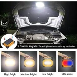 EINEMGELD Projecteur LED Rechargeable Lampe Chantier Solaire 60W, 4 Modes Portable LED Lampe De Travail Étanche USB Banque D'alimentation Avec Aimant Pour Réparation De Voiture, Randonnée, Camping, Urgence -Luminaire solaire Soldes 2022 59659501 4