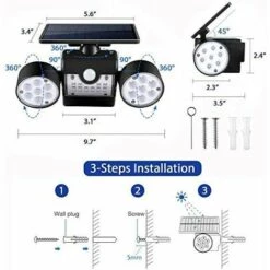 MINKUROW Lampe Solaire Exterieur à Détecteur De Mouvement Étanche IP65, Spot Eclairage Solaire Mural Extérieur Sans Fil Avec 3 Têtes Lumière Sécurité Pour Jardin Patio Allé Entrée Garage -Luminaire solaire Soldes 2022 60014299 5