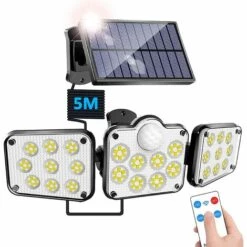 HKLFFJA 3 Têtes Extérieure Avec Détecteur De Mouvement, 138LED Séparable Panneau Solaire Projecteur Avec Télécommande, PIR Lumiere Solaire Exterieur Étanche Pour Jardin, Entrepôt, Entrée