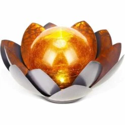 LLOVE Lampes Solaires Décor De Jardin Extérieur Décoration Lotus Verre Globe Craquelé Ambre Lumière De Fleur En Métal Gris Imperméable Pour Extérieur Pelouse Allée Dessus De Table Sol