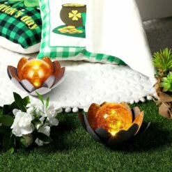 LLOVE Lampes Solaires Décor De Jardin Extérieur Décoration Lotus Verre Globe Craquelé Ambre Lumière De Fleur En Métal Gris Imperméable Pour Extérieur Pelouse Allée Dessus De Table Sol -Luminaire solaire Soldes 2022 64871268 4