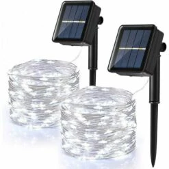 OSQI [Lot De 2] Guirlande Lumineuse Solaire Extérieure, 120 LED Guirlande Lumineuse Solaire Étanche 12M 8 Modes Guirlande Lumineuse En Fil De Cuivre Pour Jardin Patio Mariage Fête De Noël, Blanc Froid