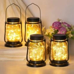 BAICCCF Lanterne Solaire Lot De 4 Lampes Solaires à Suspendre Pour Extérieur, Lanterne Solaire En Métal Et Verre Avec Motif D'ange, Décoration De Jardin Solaire De Noël étanche Pour Patio, Pelouse, Cour