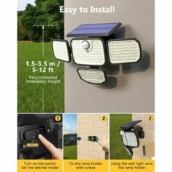 GGNRALNY Lot De 2 Lampe Solaire Exterieur 286 Led, 4 Têtes Lumière Solaire Exterieur Detecteur De Mouvement, 300° Éclairage Exterieur, IP65 Étanche Projecteur Solaire Extérieur 3 Modes Avec Télécommande -Luminaire solaire Soldes 2022 67354095 5