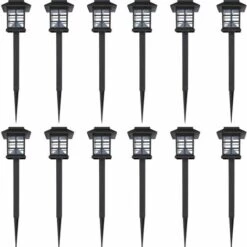 VidaXL Ensemble De 12 Lampes LED Solaires Avec Piquet 8,6x8,6x38 Cm - Noir